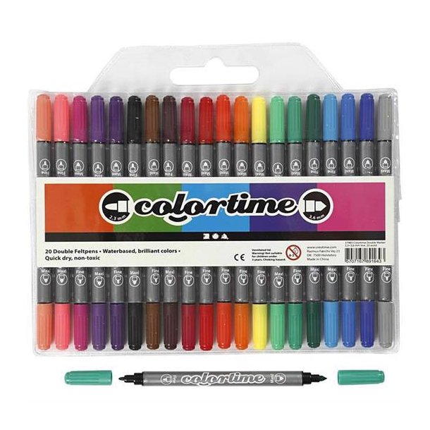 Colortime Tusch - Dobbelttusch, stregtykkelse: 2,3+3,6 mm, standardfarver, 20stk. - 37983
