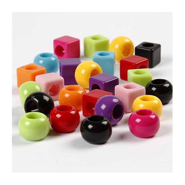Plastperler og Akrylperler - Multimix, str. 11 mm, hulstr. 7 mm, ass. farver, 75 g, 150ml, ca. 60 stk. - 699601