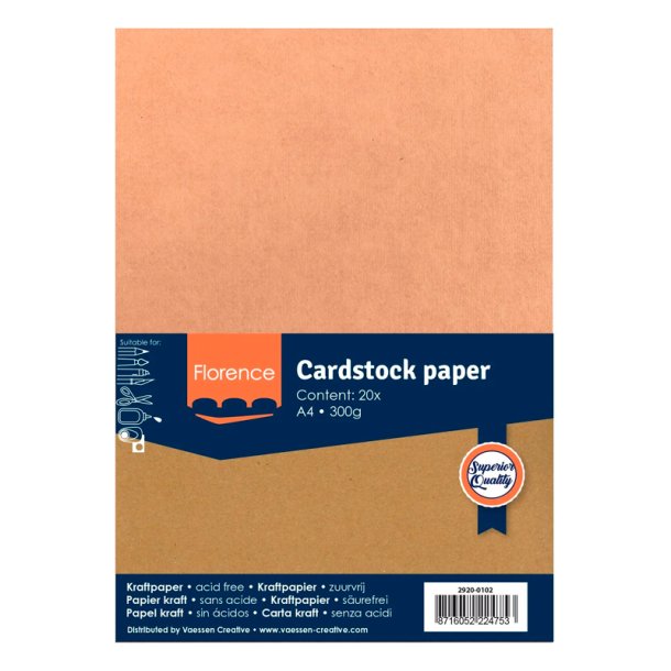 Florence - Cardstock Paper Kraft - Blok m. 20 Ensfarvede Ark - A4