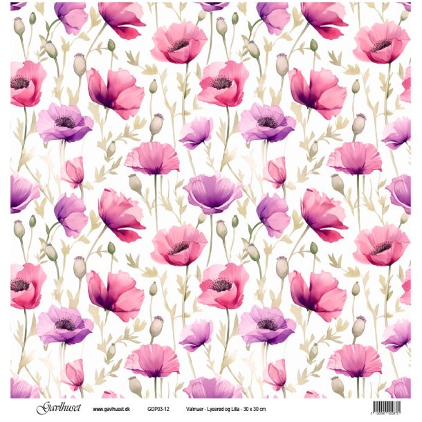 Gavlhusets Design - Papir - Valmuer  lyserd og lilla