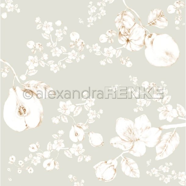 Alexandra Renke - Karton - Design Paper "Large quinces on light green" - Pregrene med blomster og frugt