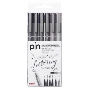 Fineliner Drawing Pen - Tusch med og uden Brush Nips - 6 Stk - Sort og Gr