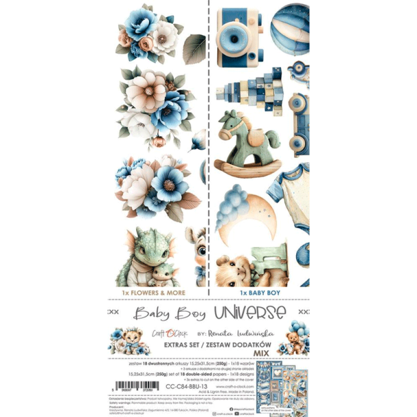 Craft O' Clock - Blok 15 x 30 cm - Baby Boy Universe / Drengebarn - Extras Set Mix - Klippeark