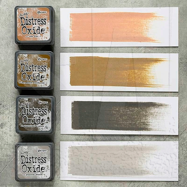 Distress Mini Oxide Kit 18 - Tea Dye, Brushed Corduroy, Scorched Timber, Pumice Stone