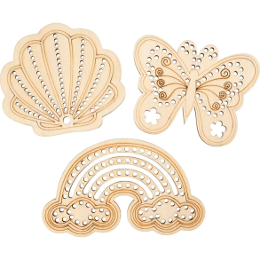 Tr�figure med huller -  Musling, sommerfugl, regnbue - 6 stk